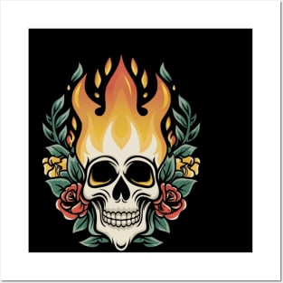 Eternal Fire Skull Art - Timeless Retro Tattoo Posters and Art